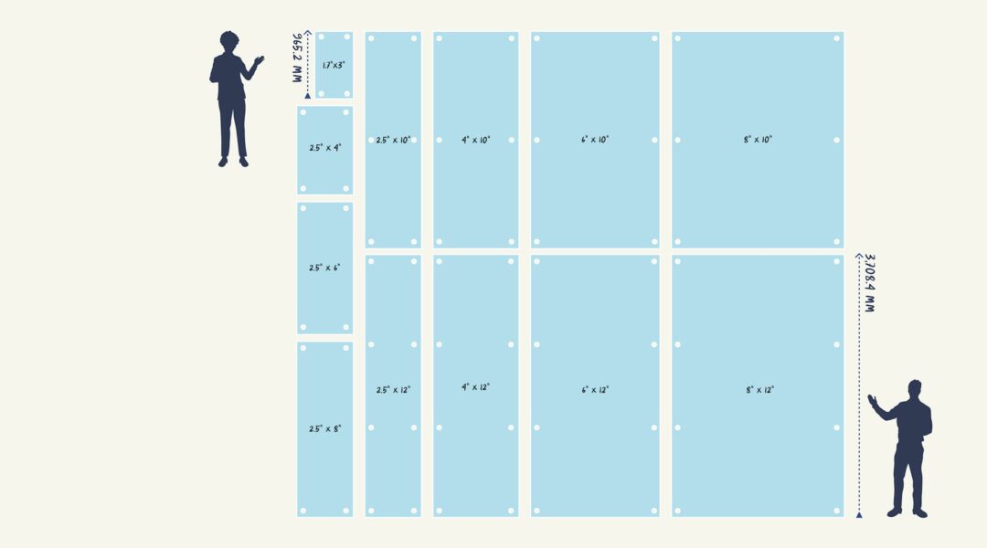 Diagram of an array of vertical hanging banners and their sizes or measurements