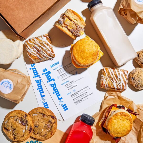 Blue bakery logo printed on a menu card