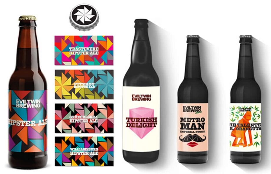 Branding beer bottle design with bold geometric labels and modern font.
