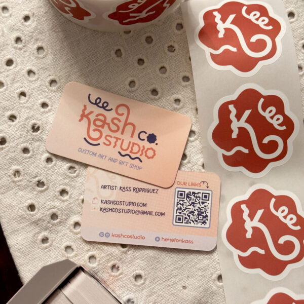 Brown logo printed on business card and stickers