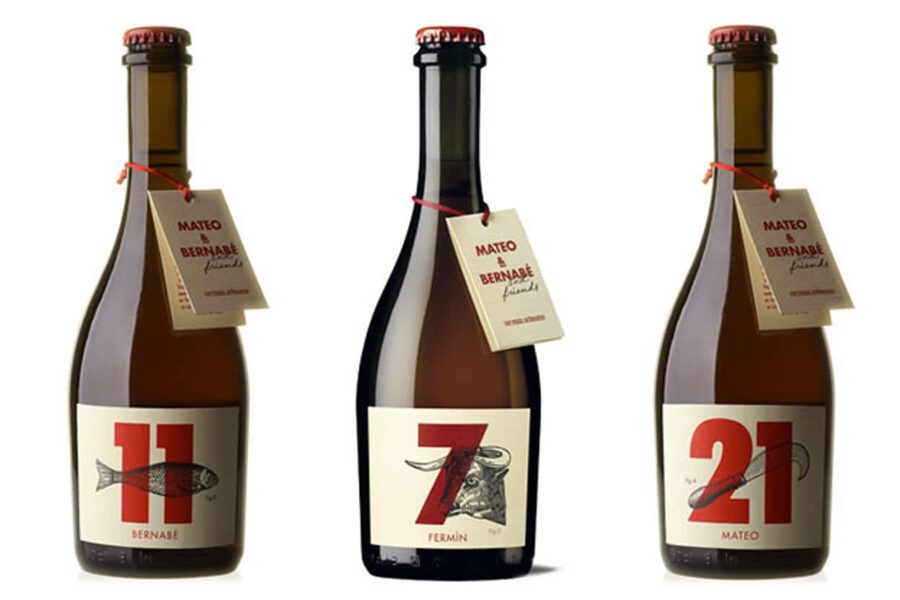 Elegant branding beer bottle design with numbers and animal illustrations.