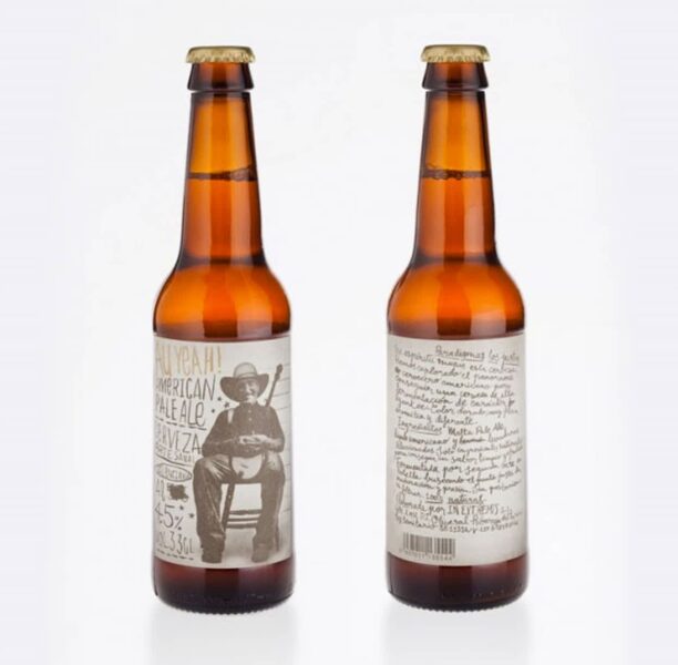 Illustrated black and white beer bottle with cowboy and handwritten text.