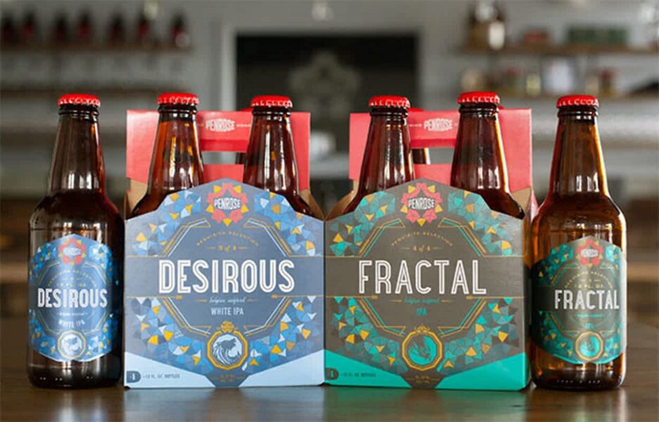Mosaic-style branding beer bottle with geometric patterns.