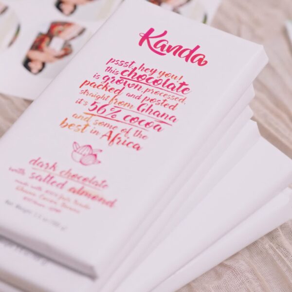 Pink logo on chocolate packaging