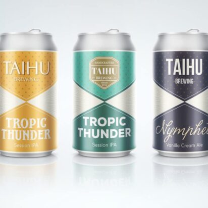 Colorful beer cans with unique branding and logos, showcasing creative beer packaging design.