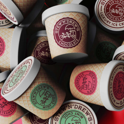 Colorful assortment of branded ice cream jars with logo stickers showcasing creative brand packaging."