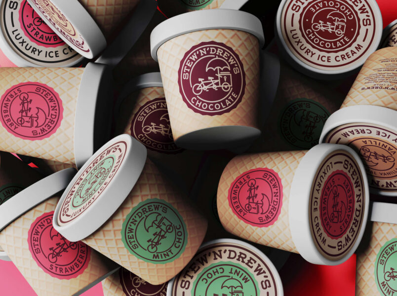 Colorful assortment of branded ice cream jars with logo stickers showcasing creative brand packaging."