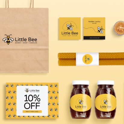 Branded product materials for Little Bee, including paper bag, brochures, jars, candles, t-shirt, stickers, and business cards – a visual example of how to market a product.