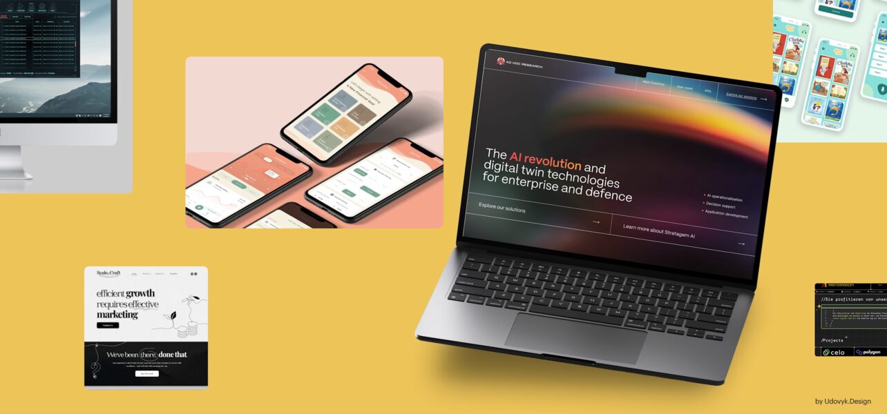 Multiple images of web design examples (laptop and phone screens) across a yellow background