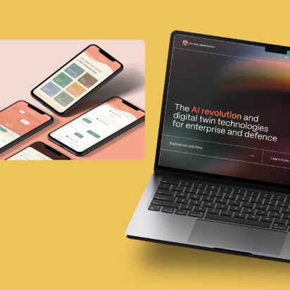 Multiple images of web design examples (laptop and phone screens) across a yellow background
