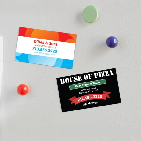 Magnetic business cards for a landscaping service and pizza restaurant