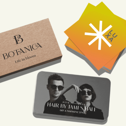 Three unique business card design ideas featuring kraft paper, gradient color, and a stylish photo layout