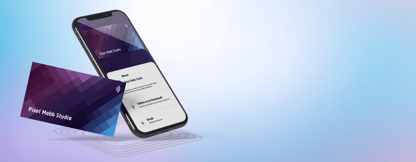 NFC business card next to smartphone displaying digital contact profile – symbolizing the future of business cards