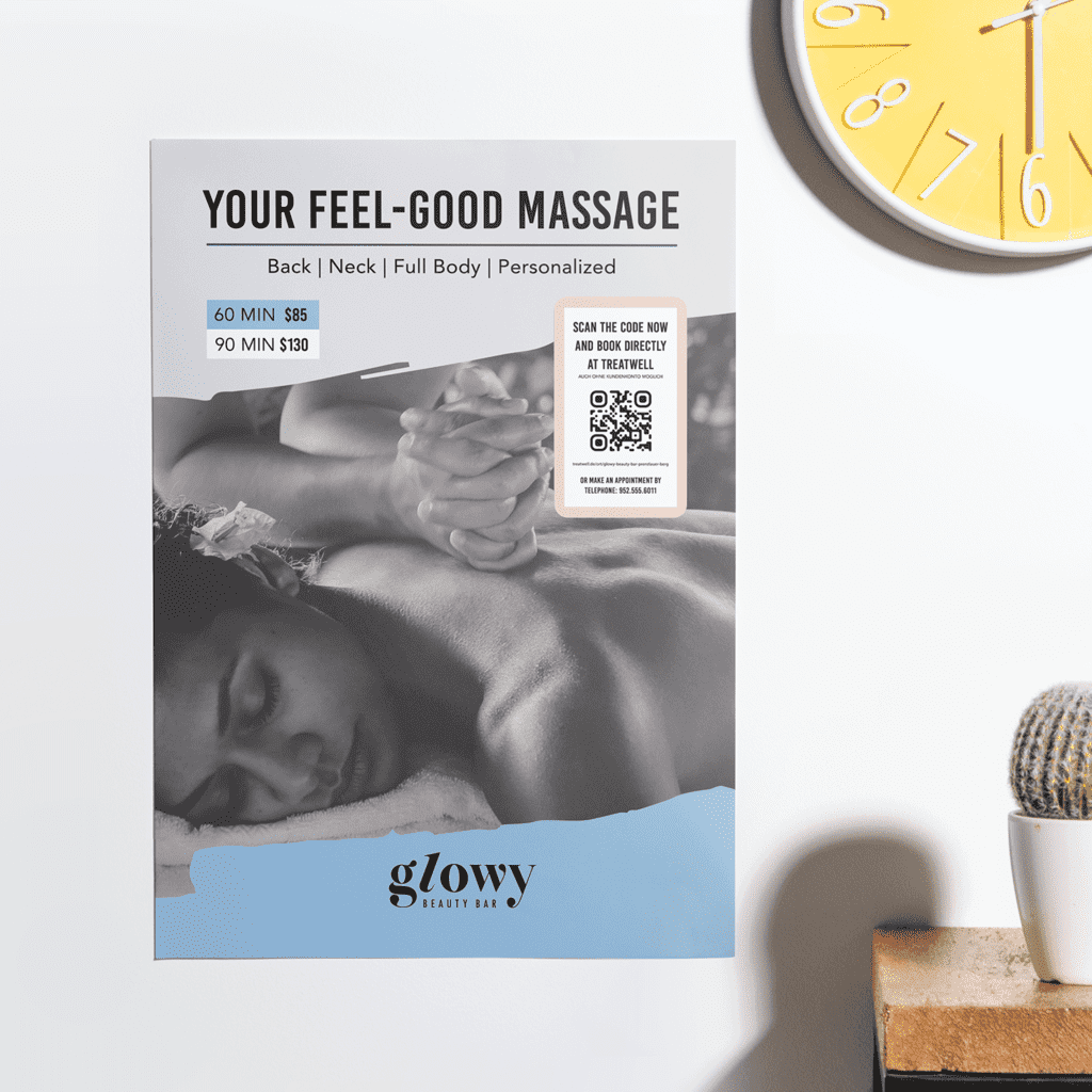 A black and white poster for a massage parlor featuring a QR code
