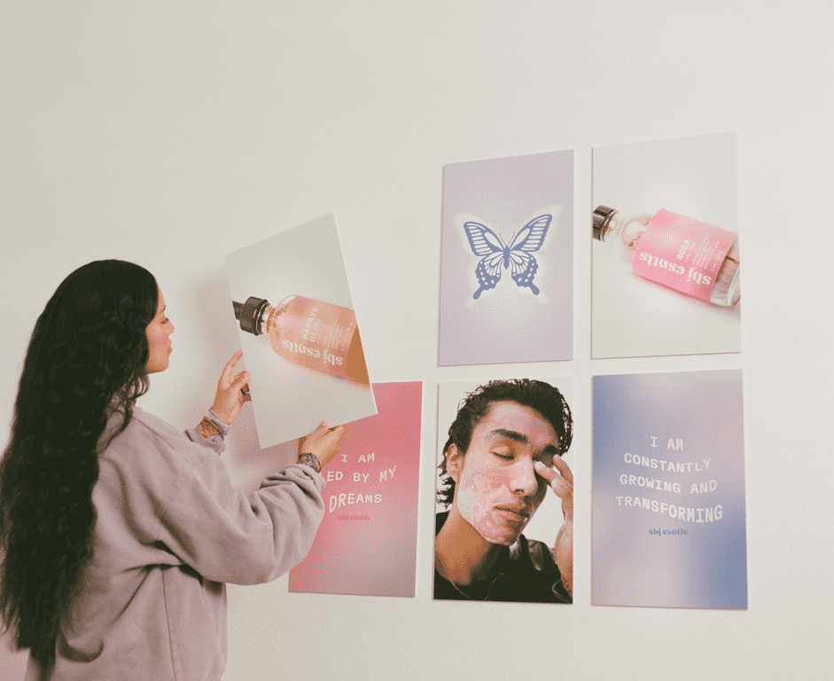 A mood board for a beauty brand including products, design and customer