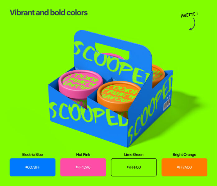 Electric blue, hot pink, lime green and bright orange colors