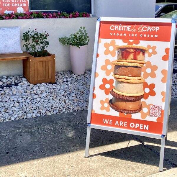 A-frame sign with brand photography, visual elements of a brand