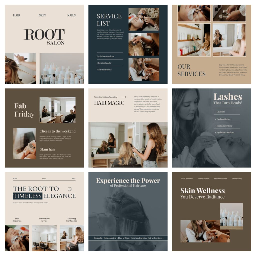 A 3x3 grid of informative and engaging square Instagram post designs for a beauty salon