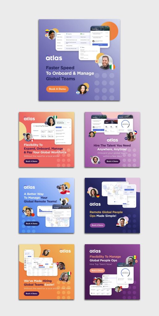 A selection of bold LinkedIn ad designs with bright and with strong colors, screenshots and circular images of happy employees