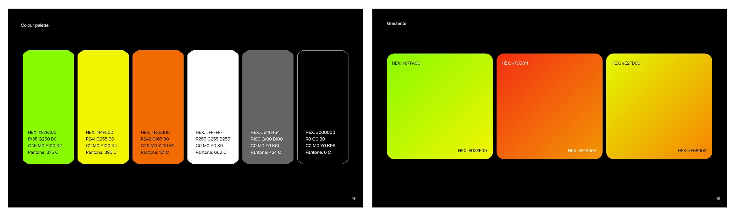 A section of the brand style guide dedicated to brand colors and gradients