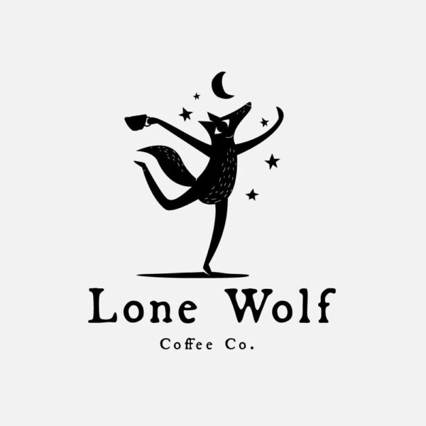 An example of a good logo for a coffee shop featuring an illustration of a wolf with a cup of coffee
