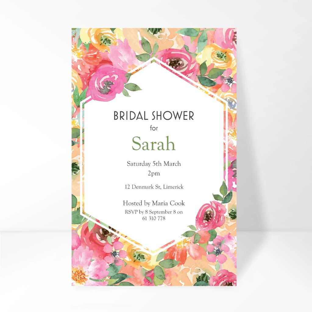 Bridal shower card with floral design, featuring information about the event location and the host sign off
