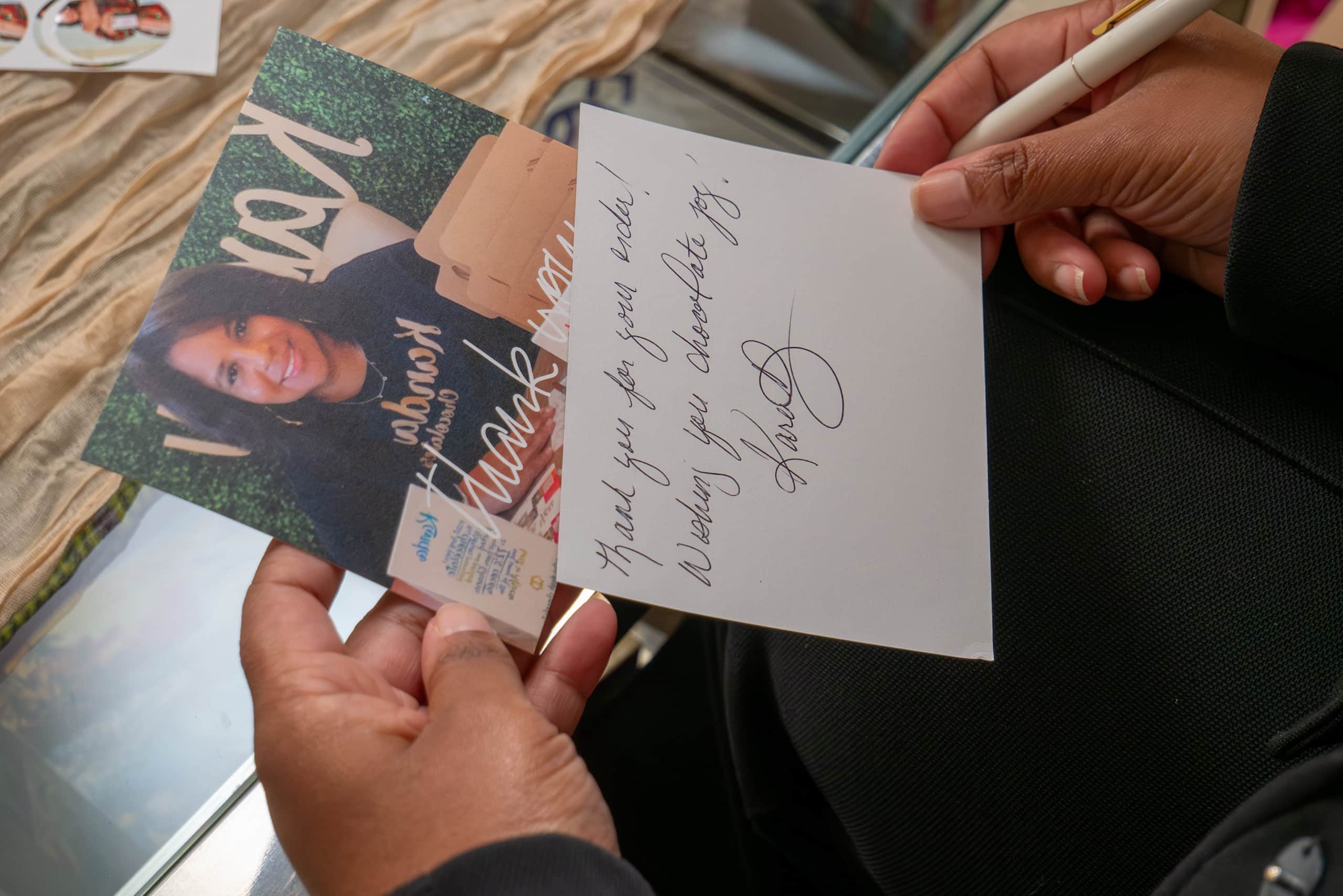 Handwritten thank you card for a chocolate company with a clear brand voice and language