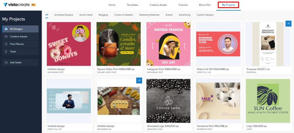 A screenshot of the My Projects tab in VistaCreate