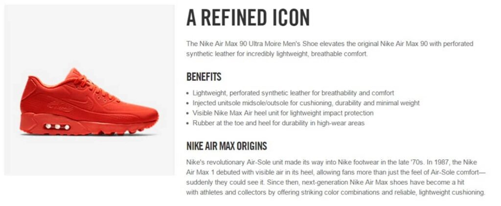 Nike product description showing a red sneaker