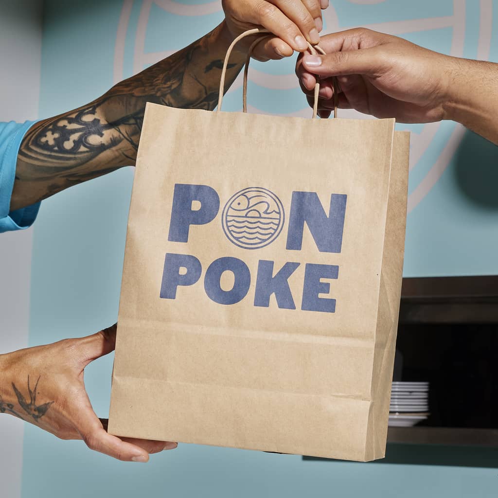 Brand logo for a poke business on a paper bag, logo importance