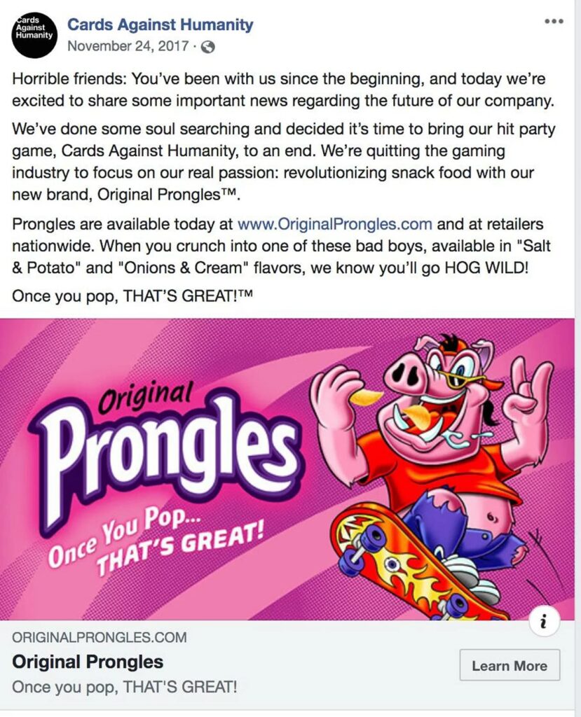 satirical social post by Cards Against Humanity announcing “Original Prongles,” showcasing the brand’s irreverent and humorous tone