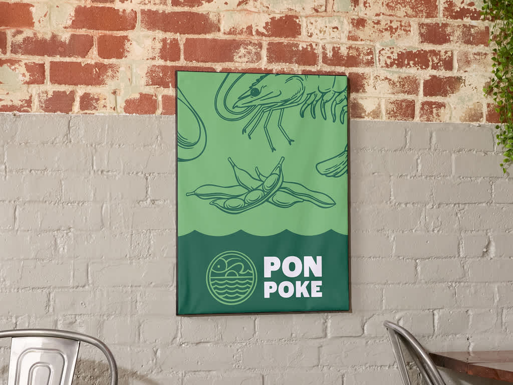 A simple white logo for a poke business on a green poster