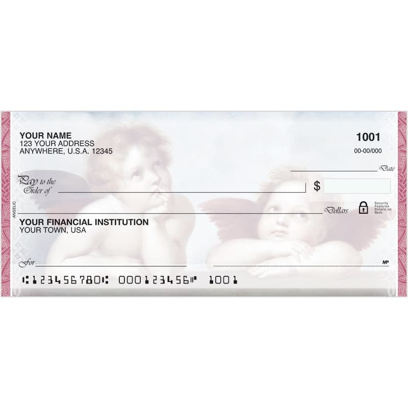 branded checks with an image of two angels