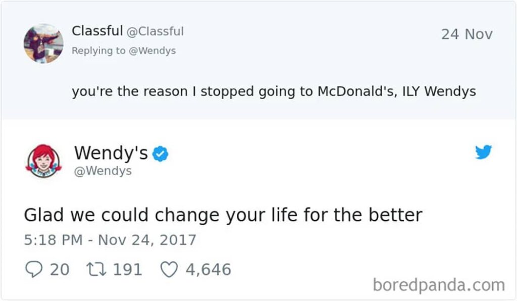 A tweet from Wendy’s using humor for brand visibility