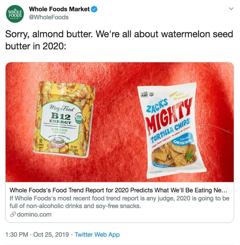 Whole Foods social post joking about new food trends with product images, example of playful and health-focused brand voice