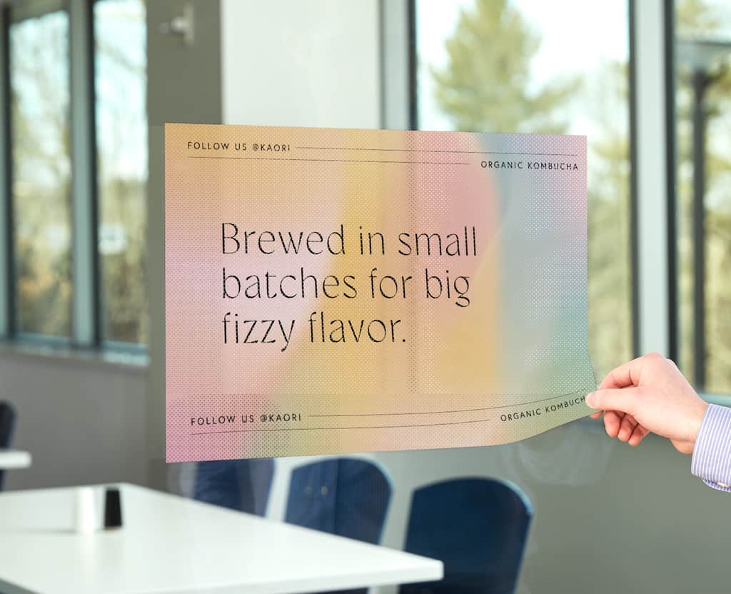 Window decal with a brand tone of voice, elements of branding