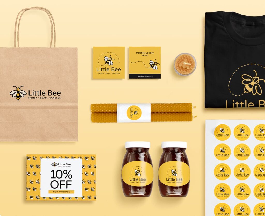 yellow branding for a honey, soap and candle business with bee imagery