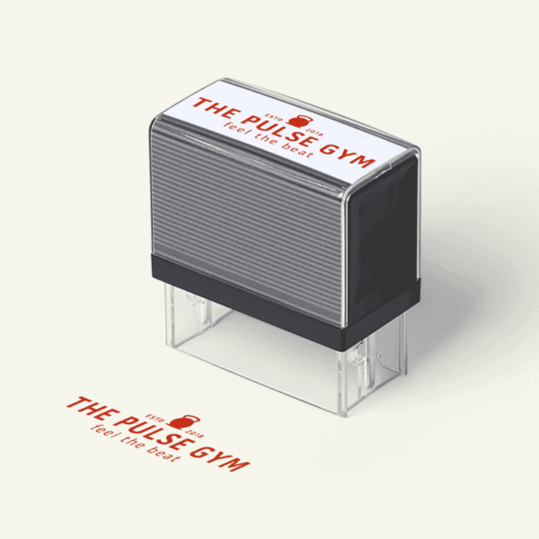 Custom stamp for a gym business with a brand logo in red ink