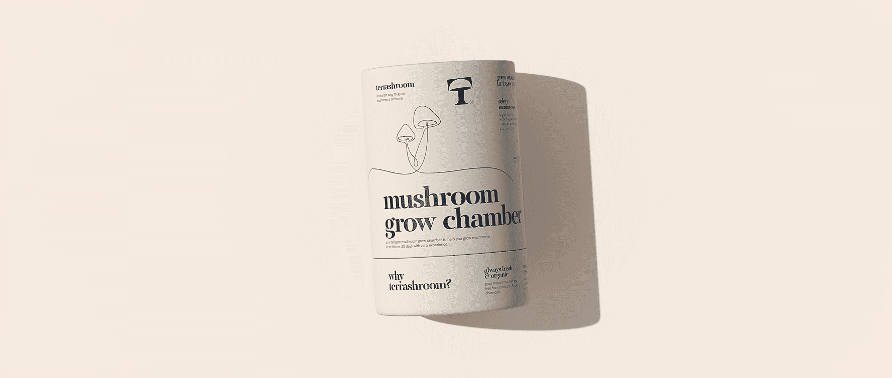 Mushroom grow chamber packaging featuring the brand logo at the top of the can