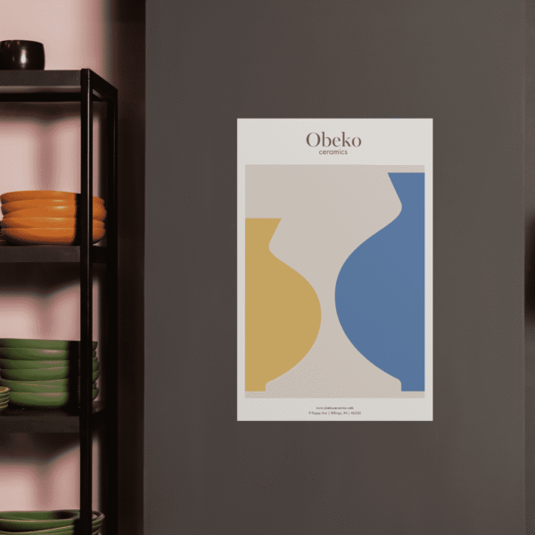 Branded poster with a silhouette of two vases and the brand logo printed at the top of the poster