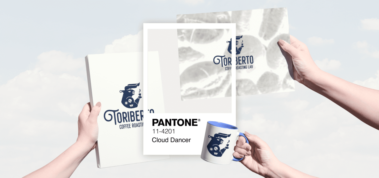 Branded packaging and mug in Pantone 11-4201 Cloud Dancer, held against a cloudy sky background