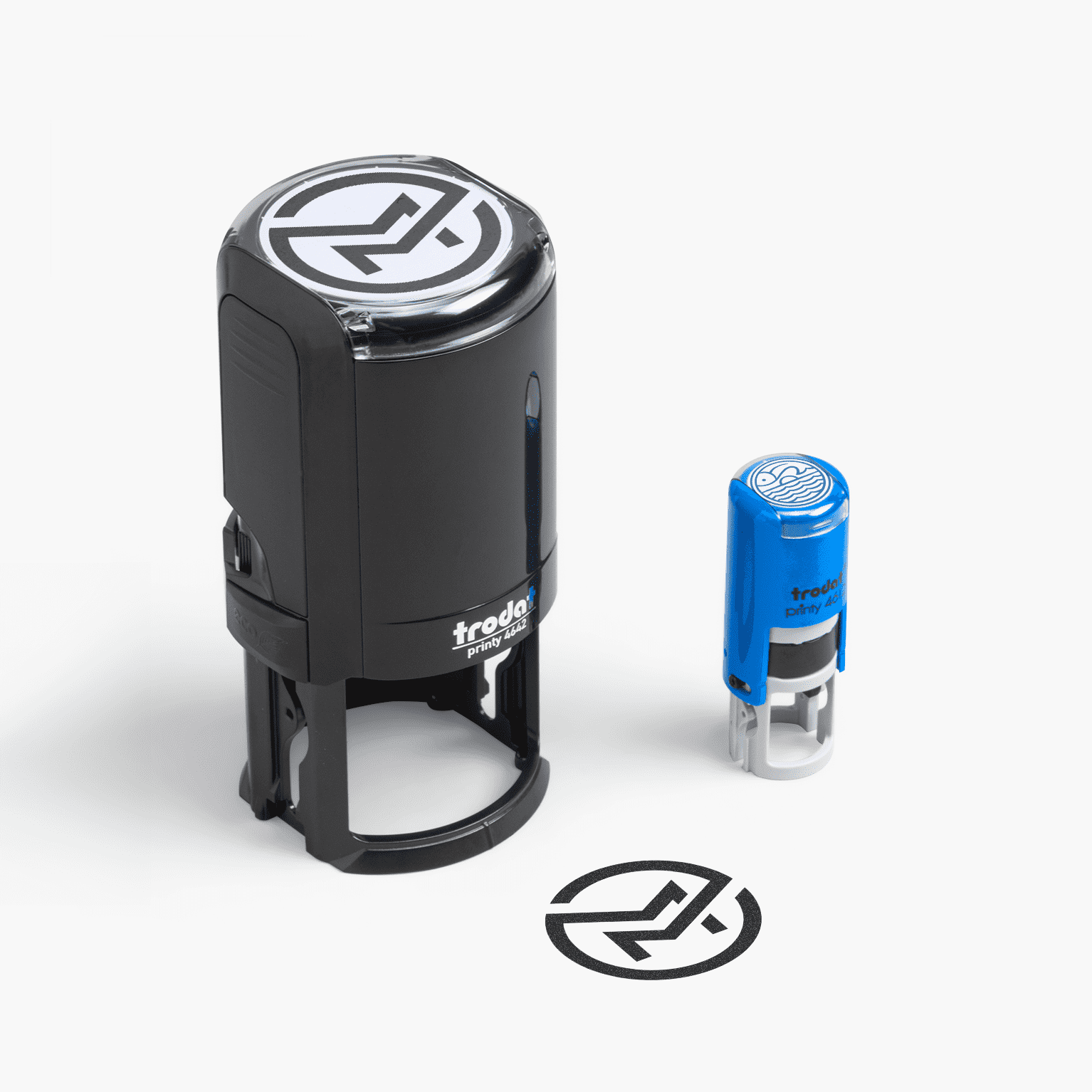 A custom circle business stamp with a brand logo