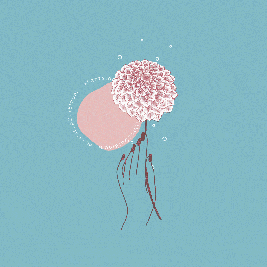 Animated logo example of a hand holding a pink flower on a blue background