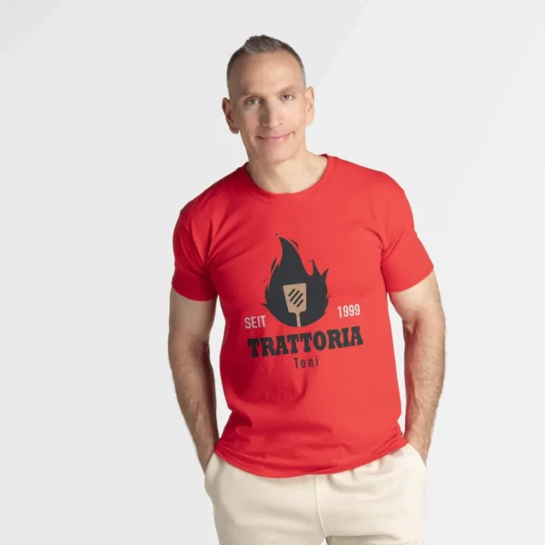 A branded red T-shirt with the brand logo printed via DTG printing