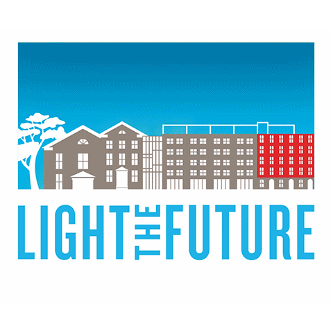 sunrise behind row of buildings in an animated logo design