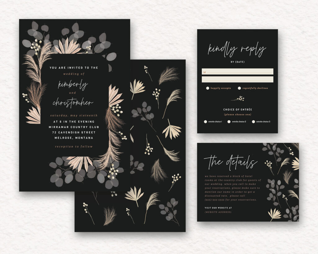 Black floral wedding invitation set
