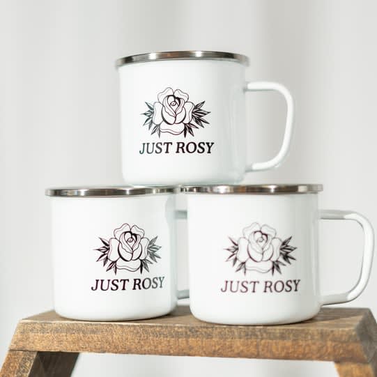 Small business Just Rosy combination logo with brand name and a rose illustration