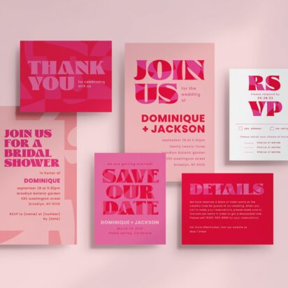 Modern pink and red wedding stationery set including save the date, bridal shower, RSVP, and thank you cards