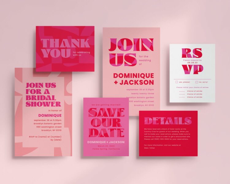 Modern pink and red wedding stationery set including save the date, bridal shower, RSVP, and thank you cards