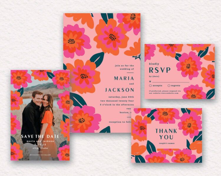 Bright maximal florals theme on wedding invitation features bold pinks and oranges
